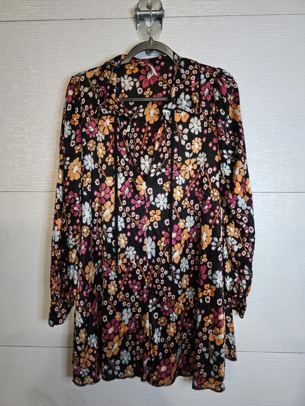 Free People Black Floral Shift Dress with Pink and Orange Blooms